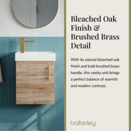 Balterley Wall Hung Vanity Basin 400mm Bleached Oak & Brushed Brass Handle - thumbnail 4