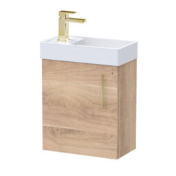 Balterley Wall Hung Vanity Basin 400mm Bleached Oak & Brushed Brass Handle - thumbnail 1