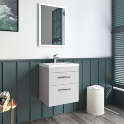 Rio 2 Drawer Wall Hung Vanity Basin Unit - 500mm - Gloss Grey Mist With Square Black D Handles (Tap Not Included) - Balterley - thumbnail 4