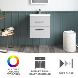 Rio 2 Drawer Wall Hung Vanity Basin Unit - 500mm - Gloss Grey Mist With Square Black D Handles (Tap Not Included) - Balterley - thumbnail 6
