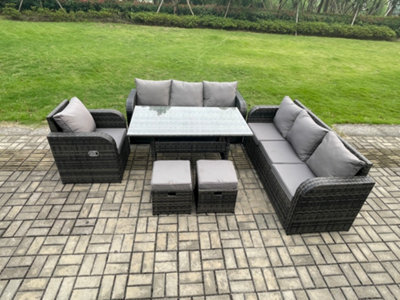 Fimous 9 Seater Lounge Rattan Sofa Set Outdoor Garden Furniture Rectangular Dining Table With 2 Small Footstools - image 1