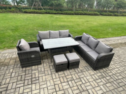 Fimous 9 Seater Lounge Rattan Sofa Set Outdoor Garden Furniture Rectangular Dining Table With 2 Small Footstools - thumbnail 2