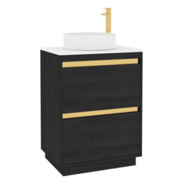 Royal Bathrooms Orion 600mm Hale Black Floor Standing Plain White Countertop Vanity Unit 2 Drawer With Art Basin & Brushed Brass Accent Trim - thumbnail 5