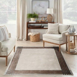 Ivory Silver Bordered,chequered Modern Easy To Clean Rug For Bedroom & Living Room-239Cm X 300Cm - thumbnail 1