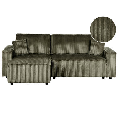 Beliani Corner Sofa Bed 3 Seater Abacka Corduroy Green With Storage Right Hand - image 1