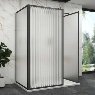 Royal Bathrooms Luxor 3 Sided Walk In Wet Room Fluted Shower Enclosure With 1700 X 700mm Stone Tray & Matt Black Frame 8mm Easy Clean Glass - image 1
