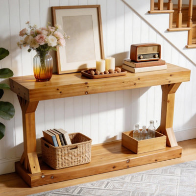 Fativo L120X W30X H75.5Cm Solid Wood Console Table Long Narrow Sofa Table Behind The Couch Home Decorative, Brown - image 1