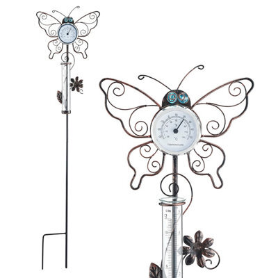 Butterfly Outdoor Thermometer & Rain Gauge - Rust-Proof Metal Decorative Garden Weather Tracking Station - 80 X 18.5 X 11Cm - image 1