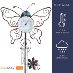 Butterfly Outdoor Thermometer & Rain Gauge - Rust-Proof Metal Decorative Garden Weather Tracking Station - 80 X 18.5 X 11Cm - thumbnail 3