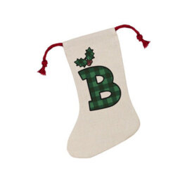Purely Home Green Tartan Alphabet Letter B Stocking - Novelty Initial Xmas Gift Linen-Style With Red Drawstring Ties - thumbnail 2