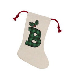 Purely Home Green Tartan Alphabet Letter B Stocking - Novelty Initial Xmas Gift Linen-Style With Red Drawstring Ties