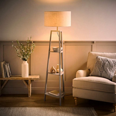 Valuelights Hiru Large Linen Shade Grey 3 Tier Wooden Shelf Floor Lamp And Bulb - image 1