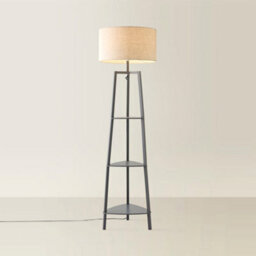 Valuelights Hiru Large Linen Shade Grey 3 Tier Wooden Shelf Floor Lamp And Bulb - thumbnail 3