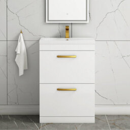 Royal Bathrooms Turin Gloss White 600mm Floor Standing Vanity Unit 2 Drawer With Mid-Edge Basin Sink & Brushed Brass Handles