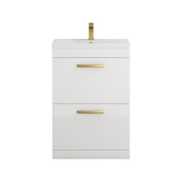 Royal Bathrooms Turin Gloss White 600mm Floor Standing Vanity Unit 2 Drawer With Mid-Edge Basin Sink & Brushed Brass Handles - thumbnail 6
