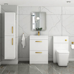 Royal Bathrooms Turin Gloss White 600mm Floor Standing Vanity Unit 2 Drawer With Mid-Edge Basin Sink & Brushed Brass Handles - thumbnail 2