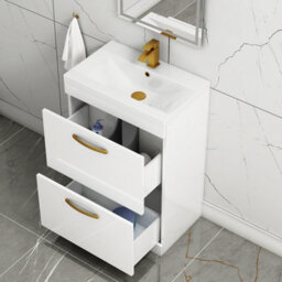 Royal Bathrooms Turin Gloss White 600mm Floor Standing Vanity Unit 2 Drawer With Mid-Edge Basin Sink & Brushed Brass Handles - thumbnail 3