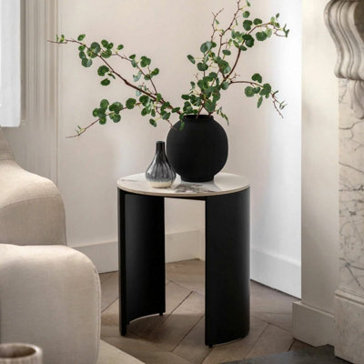 Xample Gallery Marzio White Marble Style Side Table, Black Metal Legs, Curved Edges, Stone & Mdf Top, Modern Living Room Furniture - image 1