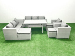 Fimous Rattan Garden Furniture Set Outdoor 8 Seater Patio Dinin G Sofa Sets Dining Table 2 Chairs 3 Stools Light Grey - thumbnail 2