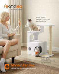 Feandrea Woodywonders Cat Tree, 86 Cm Modern Cat Tower With Cat Cave, 3 Perches, Scratching Post And Mat, Cloud White