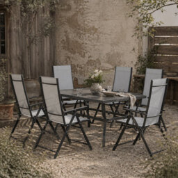 Wyld Haus Mamoka 7-Piece Outdoor Dining Set - Rectangular Table With 6 Folding Grey Mesh Chairs And Parasol Hole - thumbnail 1