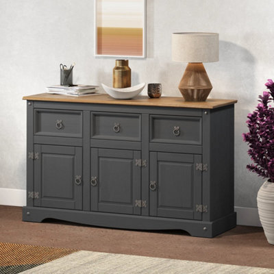 Dark Grey Wax Solid Pine Sideboard 3 Doors 3 Drawers Rustic Display Cabinet - image 1