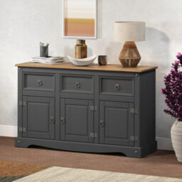 Dark Grey Wax Solid Pine Sideboard 3 Doors 3 Drawers Rustic Display Cabinet