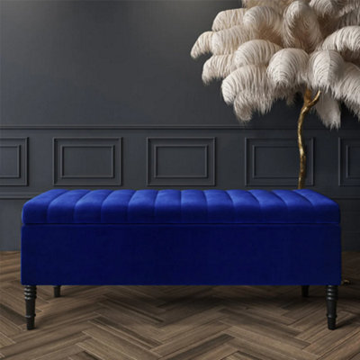 150Cm Paris Striped Ottoman Storage Bench- Plush Velvet Shoe Bench - Sapphire Blue Upholstery Footstool With Storage - image 1