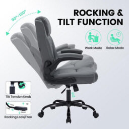 Leather Office Chair With Flip Up Arms, Lumbar Support,tilt Lock Grey - thumbnail 4