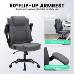Leather Office Chair With Flip Up Arms, Lumbar Support,tilt Lock Grey - thumbnail 2