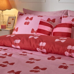 Ohs Cherry Bow Bedding Set Microfibre Reversible Duvet Cover With Pillowcase, Pink/red - Double - thumbnail 3