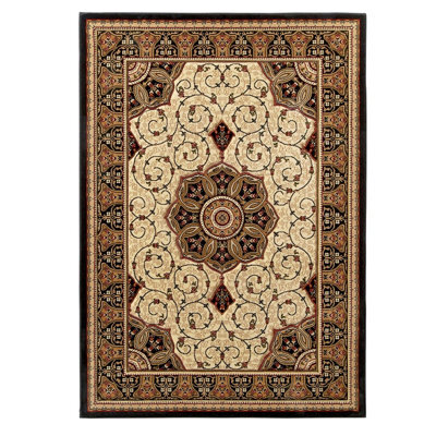 Black Cream Traditional Rug, Bordered Floral Rug, Stain-Resistant Luxurious Rug For Bedroom, & Diningroom-150Cm (Circle)