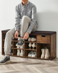 Songmics Shoe Storage Bench, Bench With Cushion, Drawer And Open Compartments, Shoe Bench With Seat, Rustic Brown And Bronze - thumbnail 5