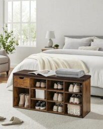 Songmics Shoe Storage Bench, Bench With Cushion, Drawer And Open Compartments, Shoe Bench With Seat, Rustic Brown And Bronze