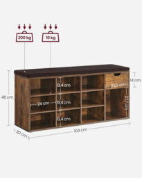 Songmics Shoe Storage Bench, Bench With Cushion, Drawer And Open Compartments, Shoe Bench With Seat, Rustic Brown And Bronze - thumbnail 2