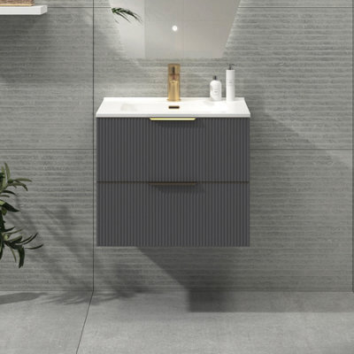 Royal Bathrooms Evora 600mm Graphite Grey Fluted Wall Hung Bathroom Vanity Unit 2 Drawer Cabinet With Ceramic Basin & Brushed Brass Handles - image 1