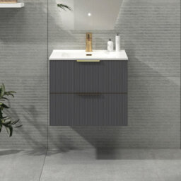 Royal Bathrooms Evora 600mm Graphite Grey Fluted Wall Hung Bathroom Vanity Unit 2 Drawer Cabinet With Ceramic Basin & Brushed Brass Handles