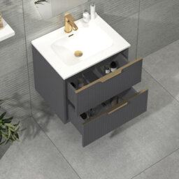 Royal Bathrooms Evora 600mm Graphite Grey Fluted Wall Hung Bathroom Vanity Unit 2 Drawer Cabinet With Ceramic Basin & Brushed Brass Handles - thumbnail 5