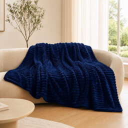 ARLinens Fluffy Fleece Blanket Ribbed For Bed Throw Blanket Reversible Multi Sizes 350Gsm (Navy Blue, King)