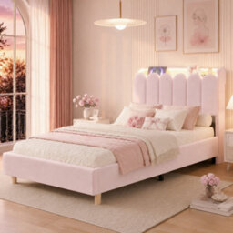 Modernluxe 3Ft Single Bed, 90 X 190 Cm, Upholstered Bed With Usb & Type-C Charging Ports And Reading Light, Velvet, Pink - thumbnail 1