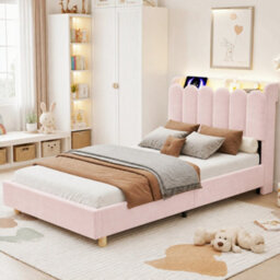 Modernluxe 3Ft Single Bed, 90 X 190 Cm, Upholstered Bed With Usb & Type-C Charging Ports And Reading Light, Velvet, Pink - thumbnail 3