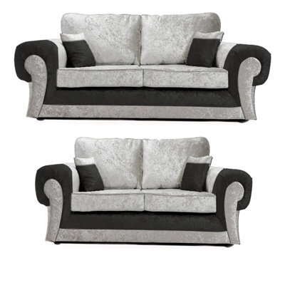 Furnishings For Less UK Chelsea Black And Silver Crushed Velvet Large 3 + 2 Seater Sofa Set Rolled Arms - image 1