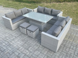 Fimous Light Grey U Shape Lounge Rattan Garden Furniture Set Adjustable Rising Lifting Table Dining Set 2 Stools - thumbnail 2