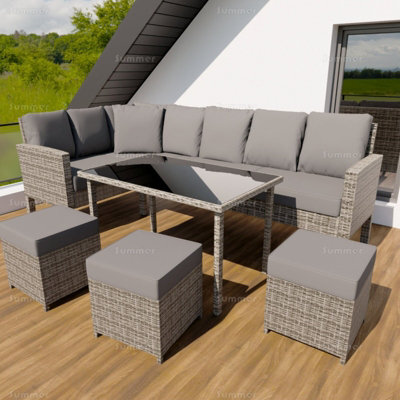 Outdoor Rattan Corner Dining Set With L-Shaped Sofa, Ottomans And Table - Cushions Included, Seats Upto 8 - image 1