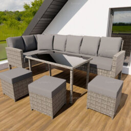 Outdoor Rattan Corner Dining Set With L-Shaped Sofa, Ottomans And Table - Cushions Included, Seats Upto 8 - thumbnail 1