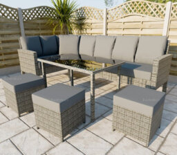 Outdoor Rattan Corner Dining Set With L-Shaped Sofa, Ottomans And Table - Cushions Included, Seats Upto 8 - thumbnail 3