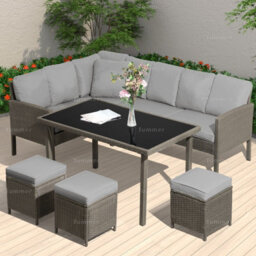 Outdoor Rattan Corner Dining Set With L-Shaped Sofa, Ottomans And Table - Cushions Included, Seats Upto 8 - thumbnail 4