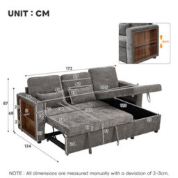 Abrihome 3-In-1 Convertible Chenille Sectional Sofa Bed With Storage Chaise, Charging Station & Adjustable Armrest, Grey - thumbnail 8