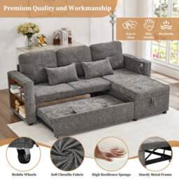 Abrihome 3-In-1 Convertible Chenille Sectional Sofa Bed With Storage Chaise, Charging Station & Adjustable Armrest, Grey - thumbnail 4