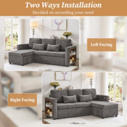 Abrihome 3-In-1 Convertible Chenille Sectional Sofa Bed With Storage Chaise, Charging Station & Adjustable Armrest, Grey - thumbnail 5